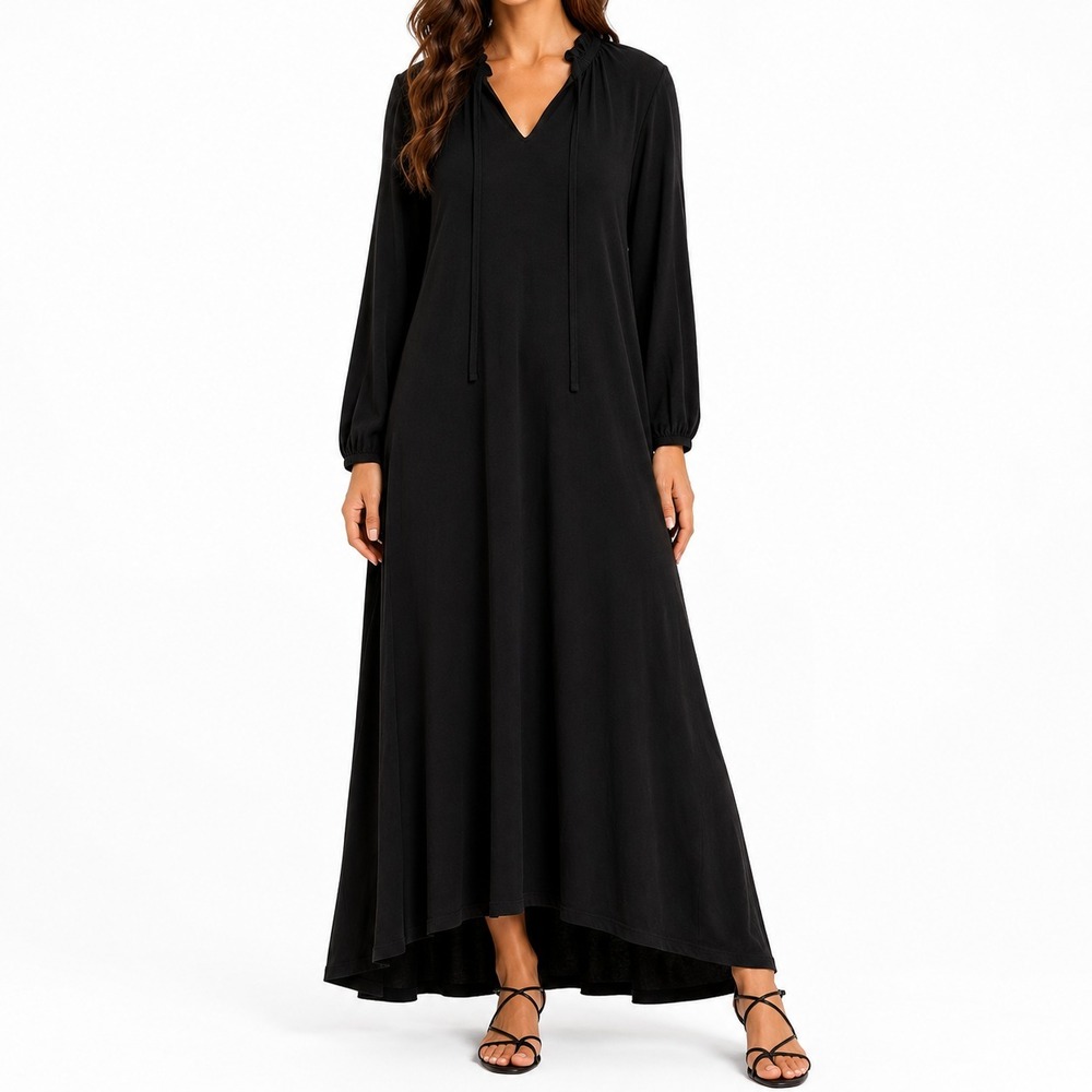 Boden Maxi Dress Womens Size 8P Black Solid Ruffle V Neck‎ Tie Party Minimalist